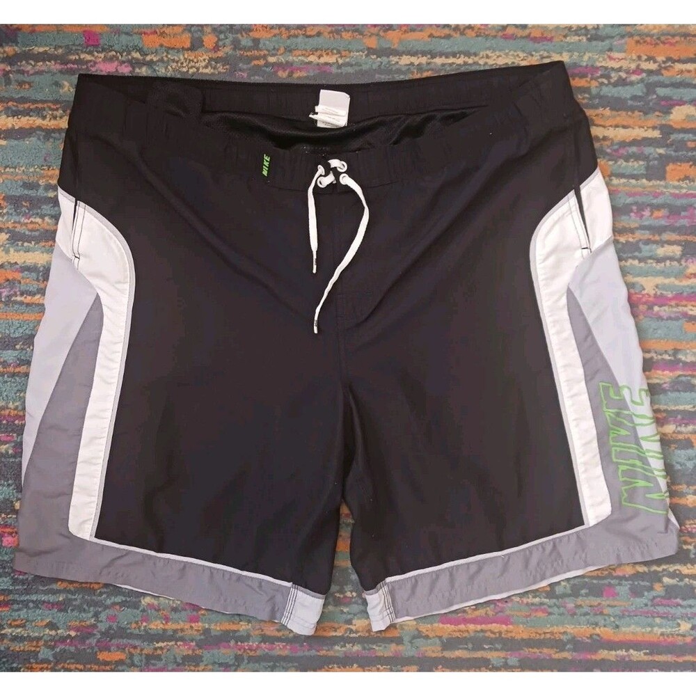 NIKE Swim Shorts Mens 2XL Black Gray Boardshorts Lined Spellout Y2K Swoosh